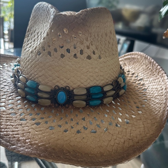Stylish Tan Straw Hat with Blue Accents - Picture 6 of 6